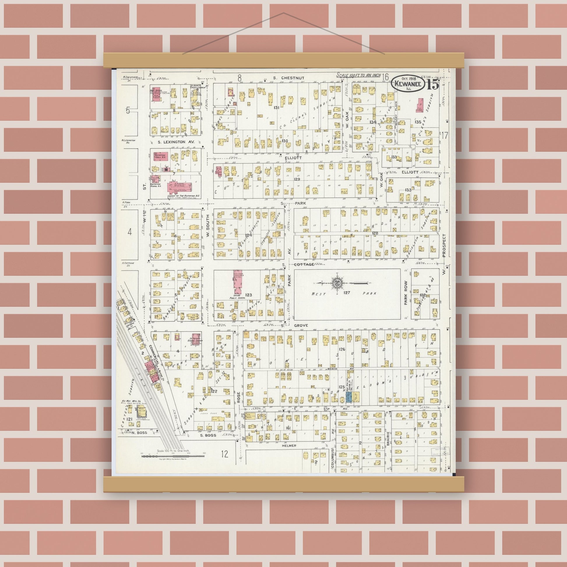 Old map wall art mockup — magnetic wood frame on brick wall — Sanborn Fire Insurance Map from Kewanee, Henry County, Illinois (1918), Sheet #0015