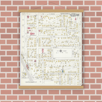 Old map wall art mockup — magnetic wood frame on brick wall — Sanborn Fire Insurance Map from Kewanee, Henry County, Illinois (1918), Sheet #0015
