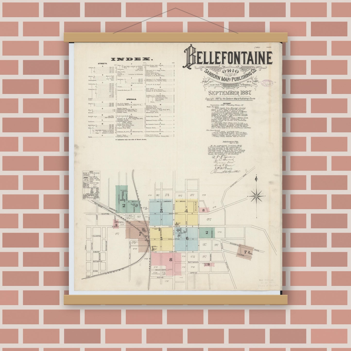 Old map wall art mockup — magnetic wood frame on brick wall — Sanborn Fire Insurance Map from Bellefontaine, Logan County, Ohio (1887) - Complete Map Set