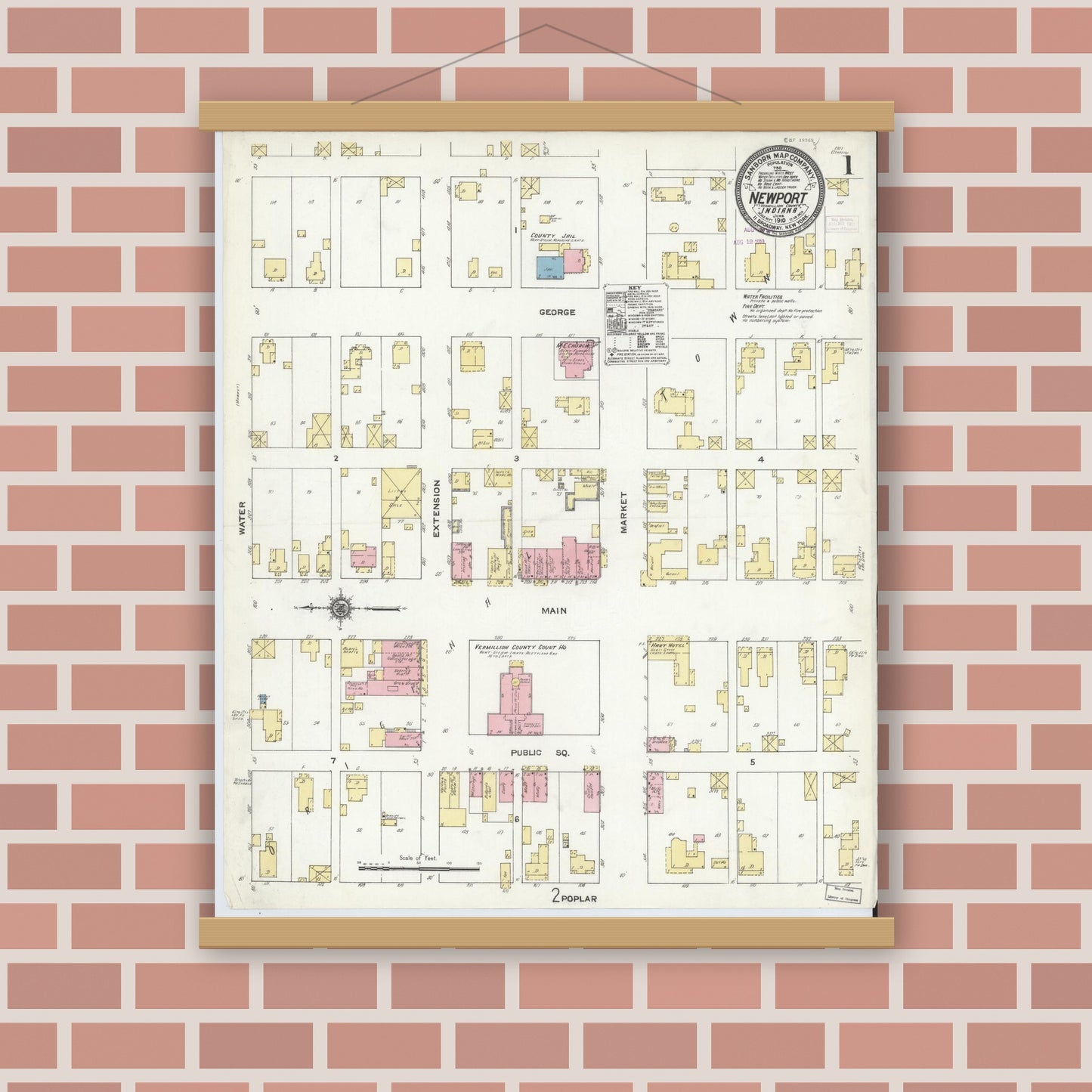 Old map wall art mockup — magnetic wood frame on brick wall — Sanborn Fire Insurance Map from Newport, Vermillion County, Indiana (1910) - Complete Map Set