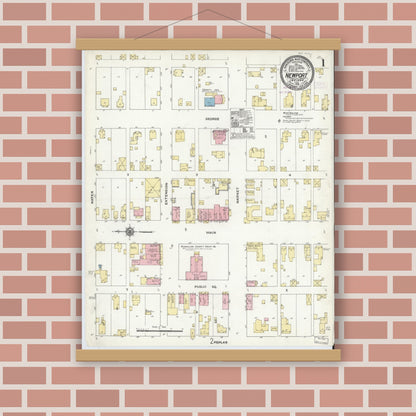 Old map wall art mockup — magnetic wood frame on brick wall — Sanborn Fire Insurance Map from Newport, Vermillion County, Indiana (1910) - Complete Map Set