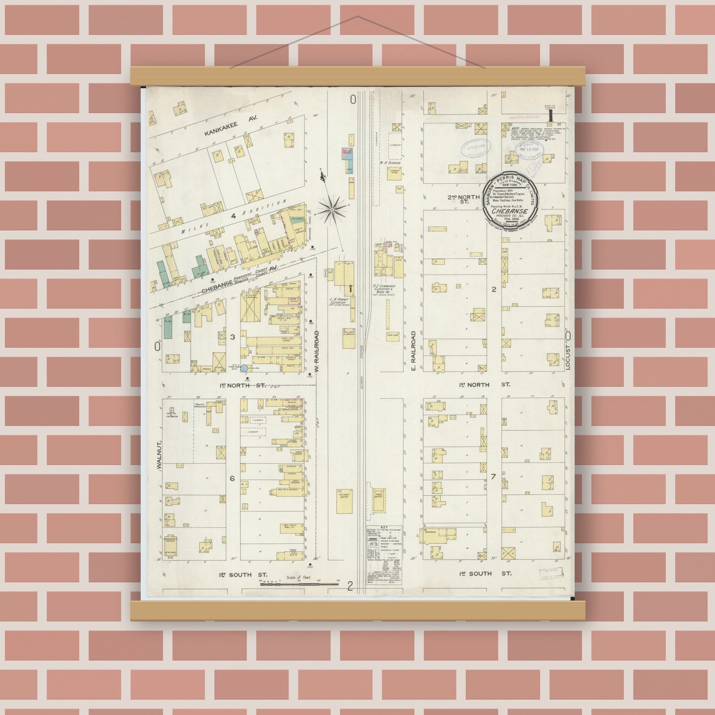 Old map wall art mockup — magnetic wood frame on brick wall — Sanborn Fire Insurance Map from Chebanse, Iroquois And Kankakee County, Illinois (1898) - Complete Map Set