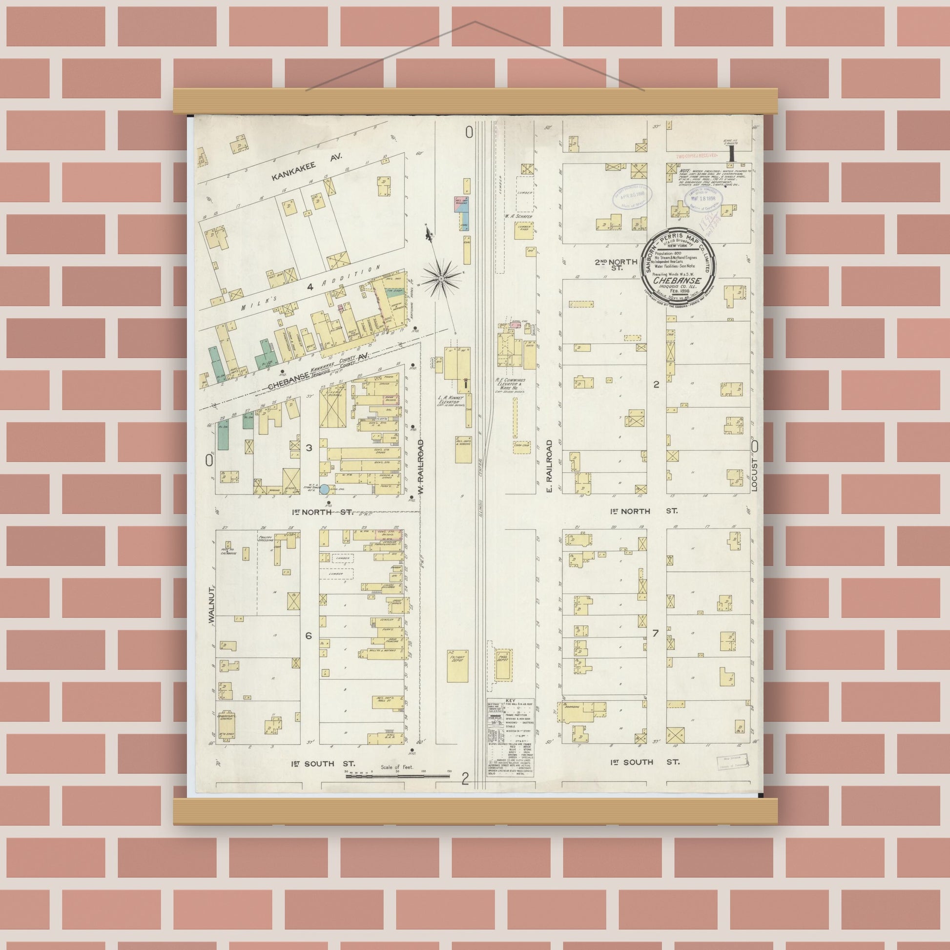 Old map wall art mockup — magnetic wood frame on brick wall — Sanborn Fire Insurance Map from Chebanse, Iroquois And Kankakee County, Illinois (1898) - Complete Map Set