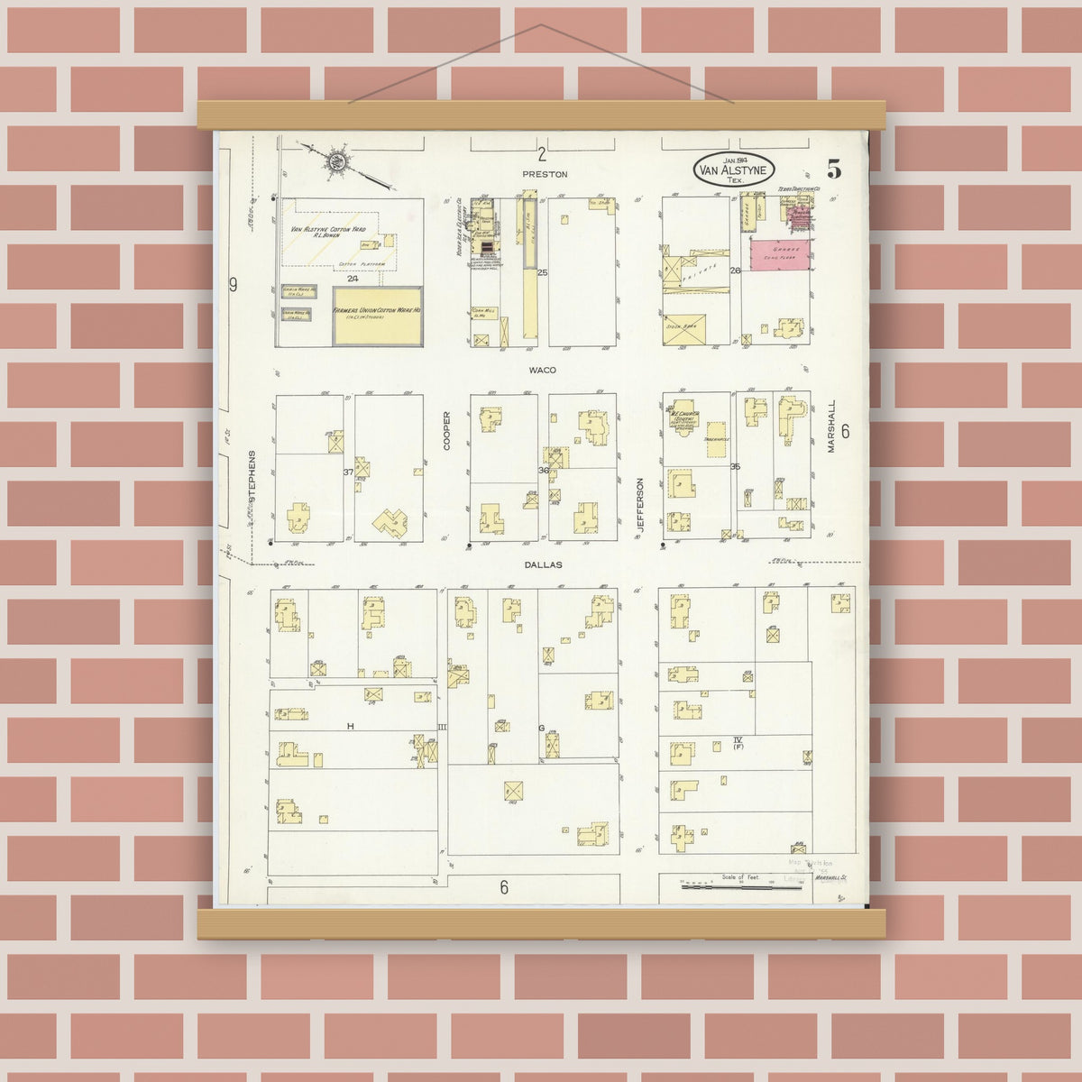 Old map wall art mockup — magnetic wood frame on brick wall — Sanborn Fire Insurance Map from Van Alstyne, Grayson County, Texas (1914), Sheet #0005