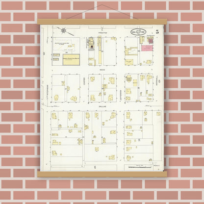 Old map wall art mockup — magnetic wood frame on brick wall — Sanborn Fire Insurance Map from Van Alstyne, Grayson County, Texas (1914), Sheet #0005