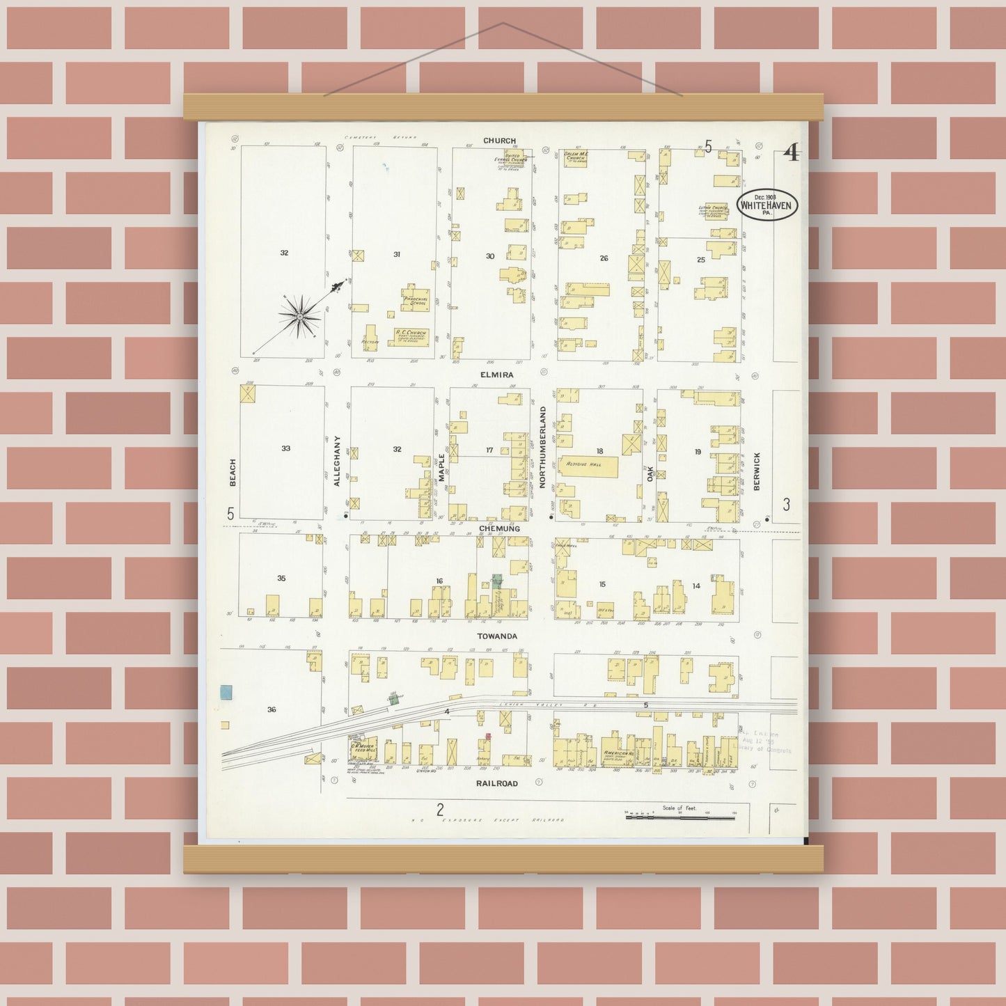 Old map wall art mockup — magnetic wood frame on brick wall — Sanborn Fire Insurance Map from White Haven, Luzerne County, Pennsylvania (1908), Sheet #0004