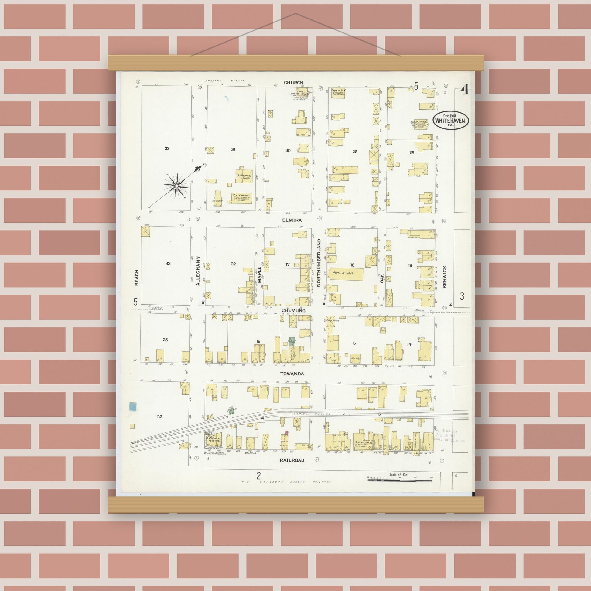 Old map wall art mockup — magnetic wood frame on brick wall — Sanborn Fire Insurance Map from White Haven, Luzerne County, Pennsylvania (1908), Sheet #0004