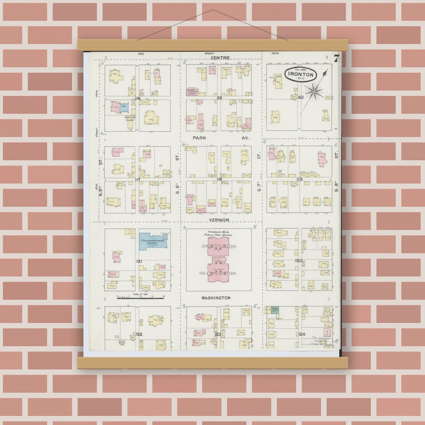 Old map wall art mockup — magnetic wood frame on brick wall — Sanborn Fire Insurance Map from Ironton, Lawrence County, Ohio (1889), Sheet #0007