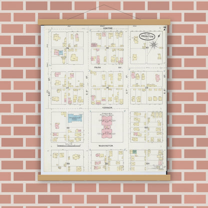 Old map wall art mockup — magnetic wood frame on brick wall — Sanborn Fire Insurance Map from Ironton, Lawrence County, Ohio (1889), Sheet #0007