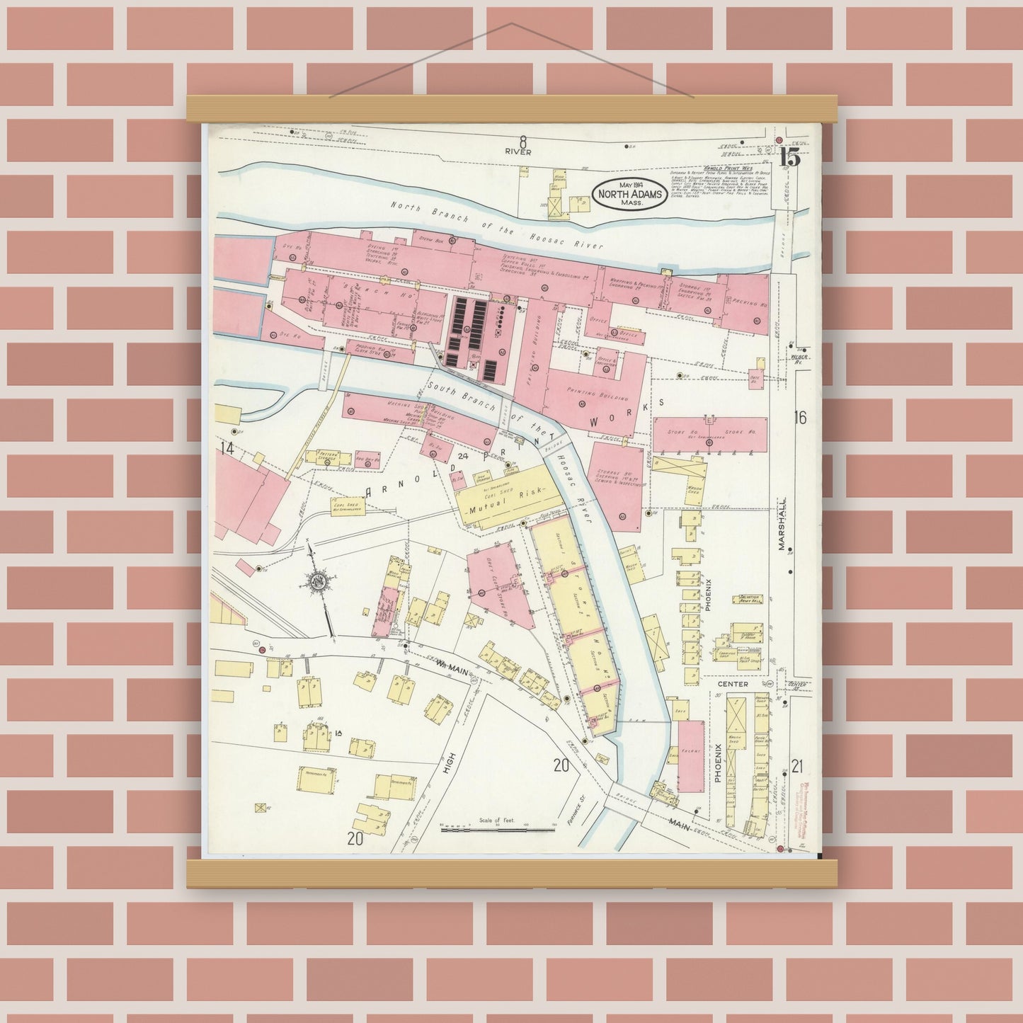 Old map wall art mockup — magnetic wood frame on brick wall — Sanborn Fire Insurance Map from North Adams, Berkshire County, Massachusetts (1914), Sheet #0015