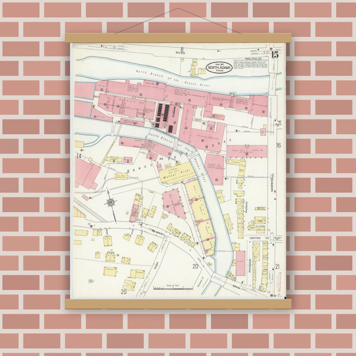 Old map wall art mockup — magnetic wood frame on brick wall — Sanborn Fire Insurance Map from North Adams, Berkshire County, Massachusetts (1914), Sheet #0015