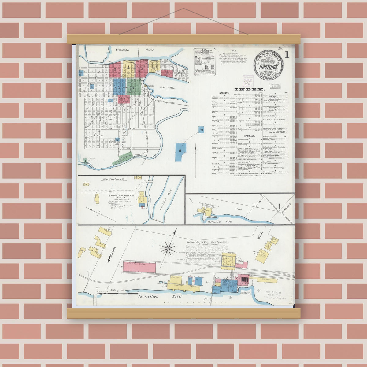 Old map wall art mockup — magnetic wood frame on brick wall — Sanborn Fire Insurance Map from Hastings, Dakota County, Minnesota (1904), Sheet #0001