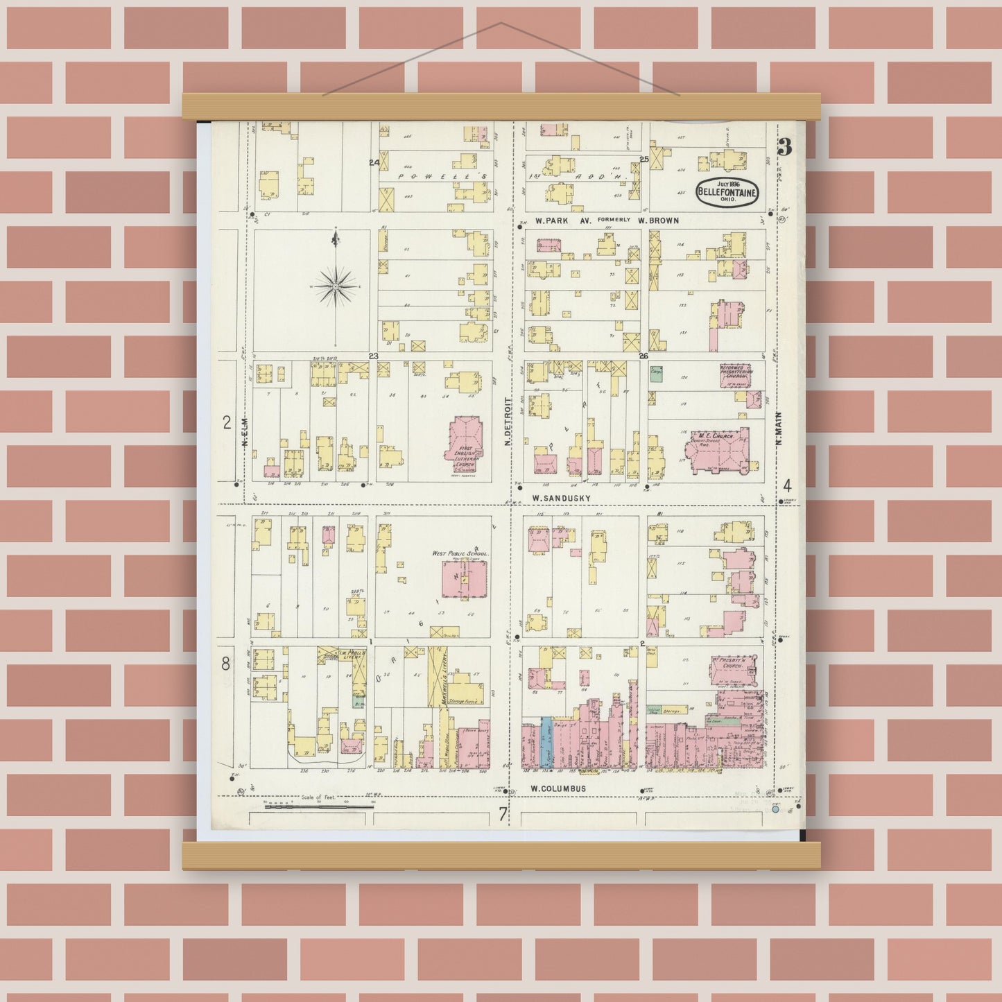 Old map wall art mockup — magnetic wood frame on brick wall — Sanborn Fire Insurance Map from Bellefontaine, Logan County, Ohio (1896), Sheet #0003