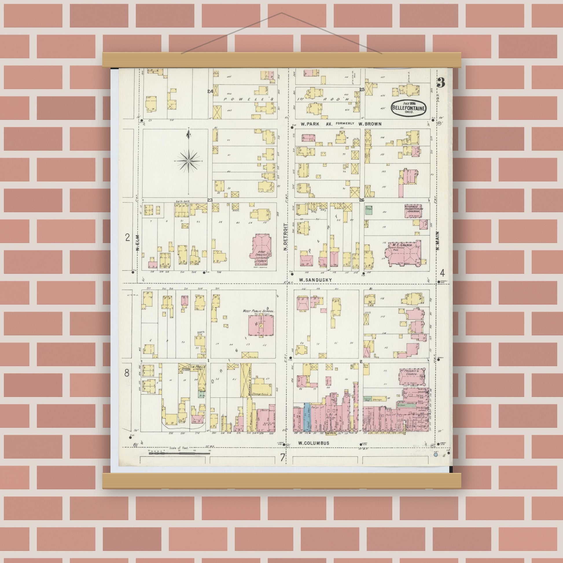 Old map wall art mockup — magnetic wood frame on brick wall — Sanborn Fire Insurance Map from Bellefontaine, Logan County, Ohio (1896), Sheet #0003