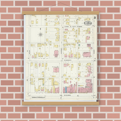 Old map wall art mockup — magnetic wood frame on brick wall — Sanborn Fire Insurance Map from Bellefontaine, Logan County, Ohio (1896), Sheet #0003