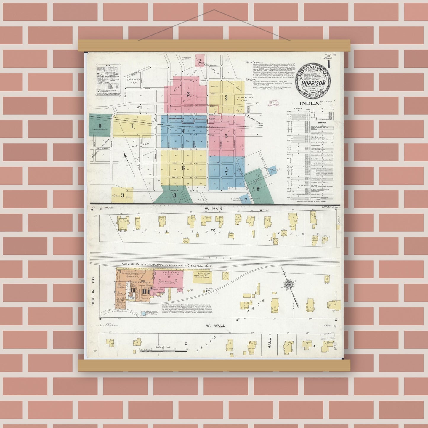 Old map wall art mockup — magnetic wood frame on brick wall — Sanborn Fire Insurance Map from Morrison, Whiteside County, Illinois (1912) - Complete Map Set
