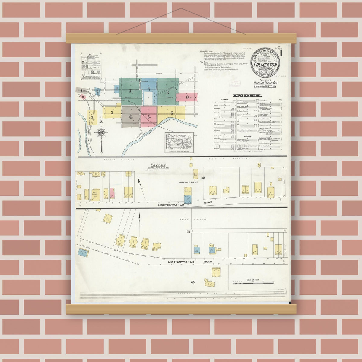 Old map wall art mockup — magnetic wood frame on brick wall — Sanborn Fire Insurance Map from Palmerton, Carbon County, Pennsylvania (1912) - Complete Map Set