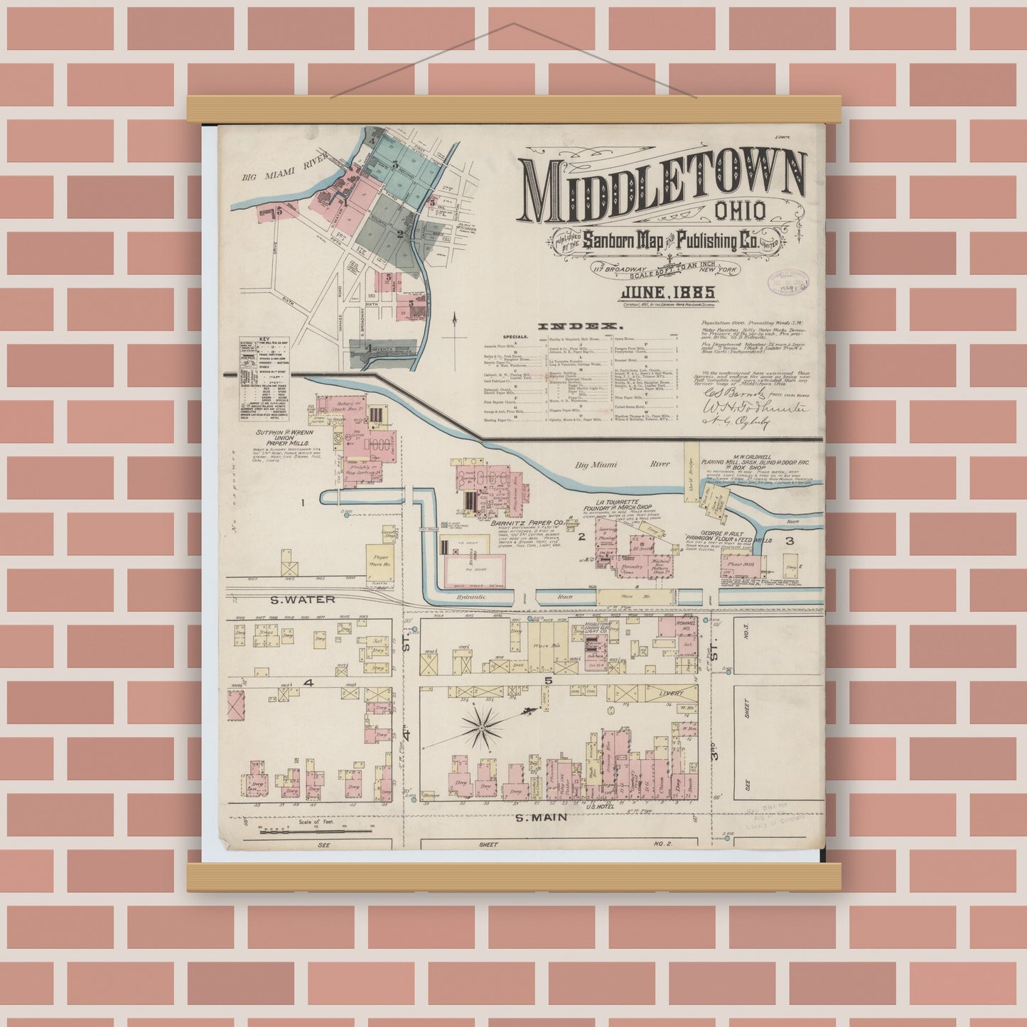 Old map wall art mockup — magnetic wood frame on brick wall — Sanborn Fire Insurance Map from Middletown, Butler County, Ohio (1885) - Complete Map Set