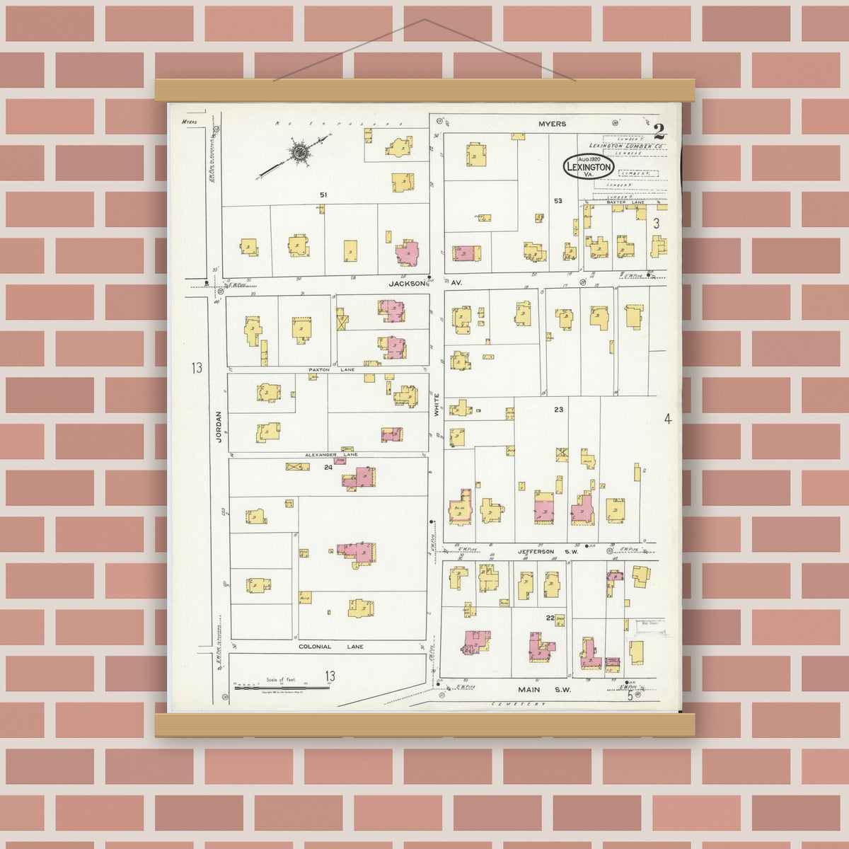 Old map wall art mockup — magnetic wood frame on brick wall — Sanborn Fire Insurance Map from Lexington, Independent Cities, Virginia (1920), Sheet #0002