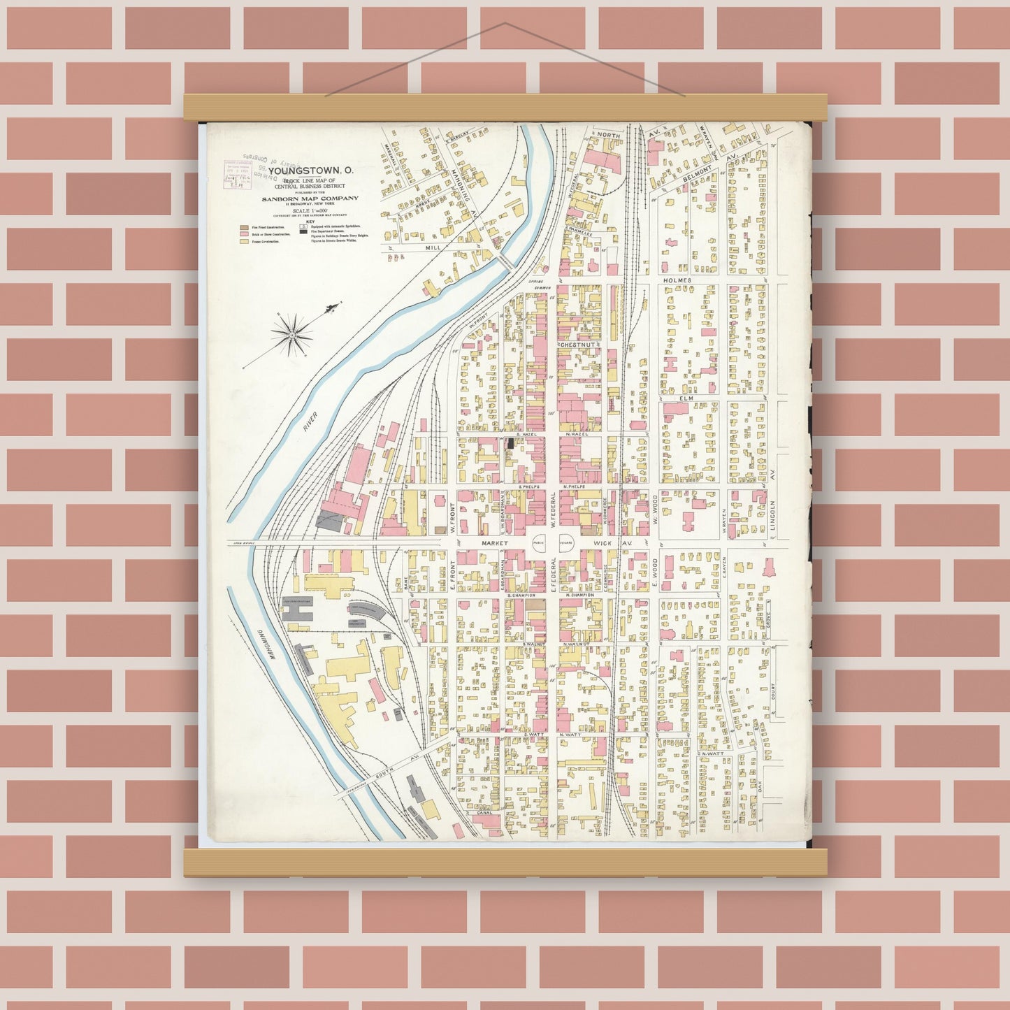 Old map wall art mockup — magnetic wood frame on brick wall — Sanborn Fire Insurance Map from Youngstown, Mahoning County, Ohio (1906), Sheet #0001