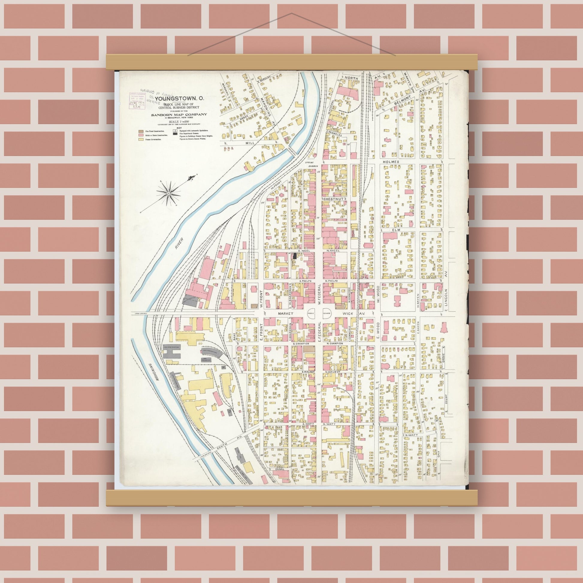 Old map wall art mockup — magnetic wood frame on brick wall — Sanborn Fire Insurance Map from Youngstown, Mahoning County, Ohio (1906), Sheet #0001