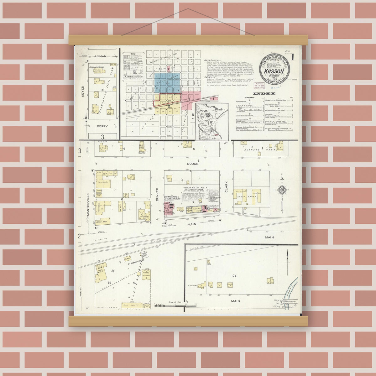Old map wall art mockup — magnetic wood frame on brick wall — Sanborn Fire Insurance Map from Kasson, Dodge County, Minnesota (1914) - Complete Map Set