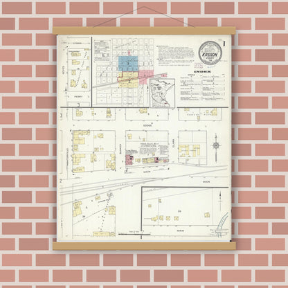 Old map wall art mockup — magnetic wood frame on brick wall — Sanborn Fire Insurance Map from Kasson, Dodge County, Minnesota (1914) - Complete Map Set