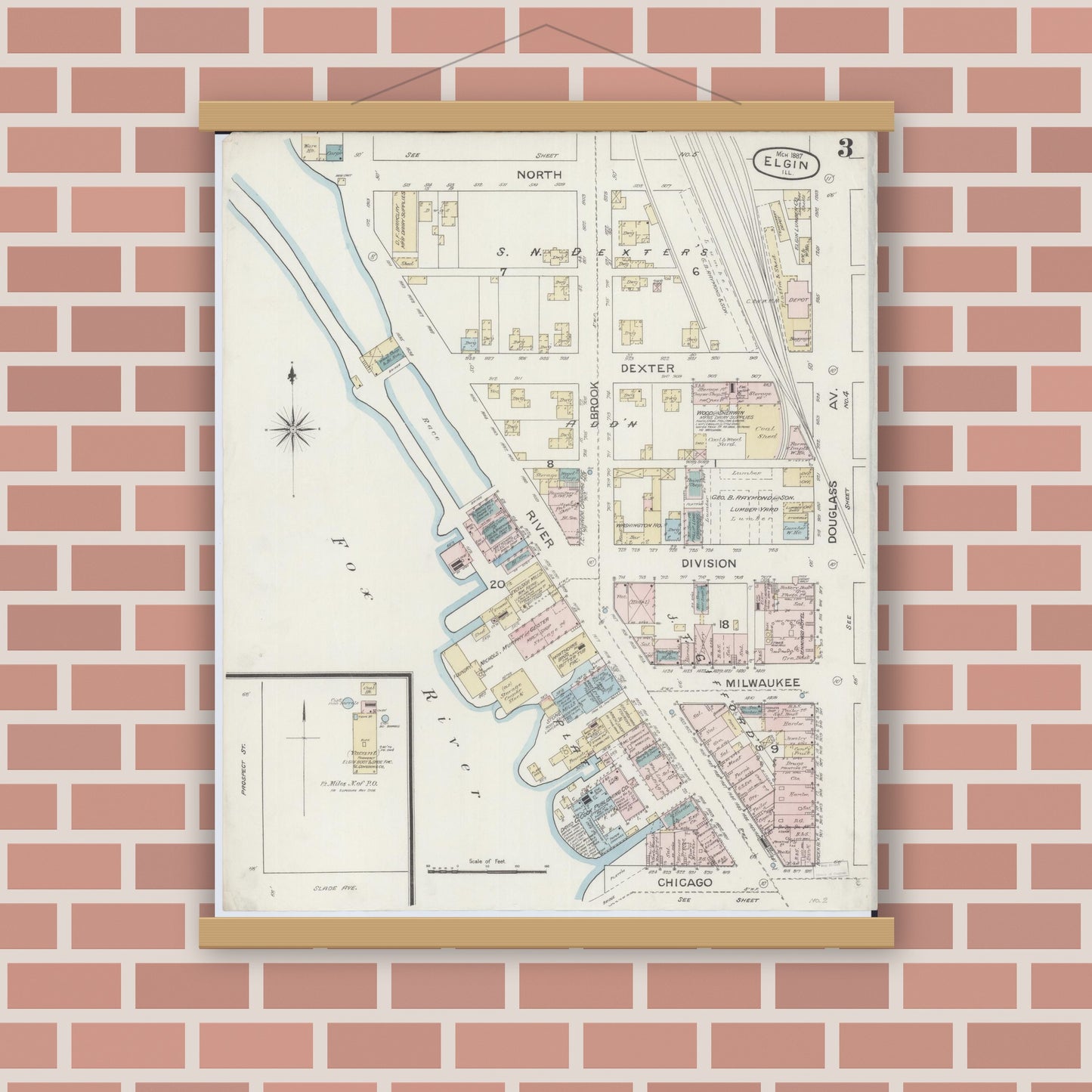 Old map wall art mockup — magnetic wood frame on brick wall — Sanborn Fire Insurance Map from Elgin, Kane County, Illinois (1887), Sheet #0003