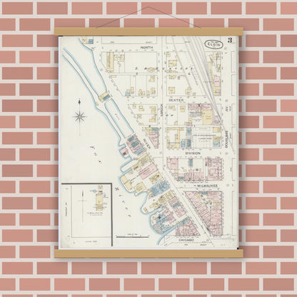 Old map wall art mockup — magnetic wood frame on brick wall — Sanborn Fire Insurance Map from Elgin, Kane County, Illinois (1887), Sheet #0003