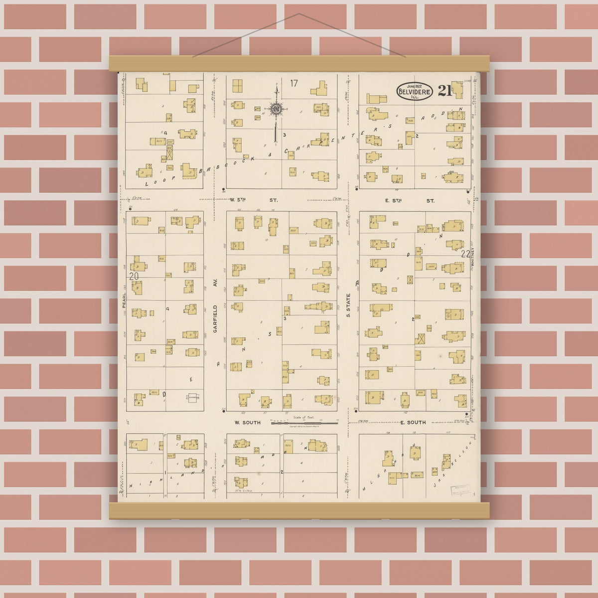 Old map wall art mockup — magnetic wood frame on brick wall — Sanborn Fire Insurance Map from Belvidere, Boone County, Illinois (1922), Sheet #0021