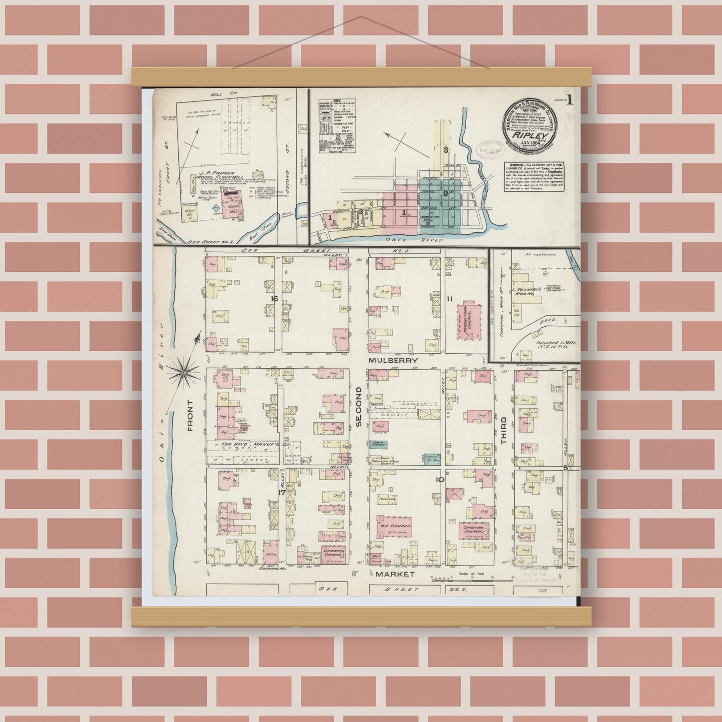 Old map wall art mockup — magnetic wood frame on brick wall — Sanborn Fire Insurance Map from Ripley, Brown County, Ohio (1884) - Complete Map Set