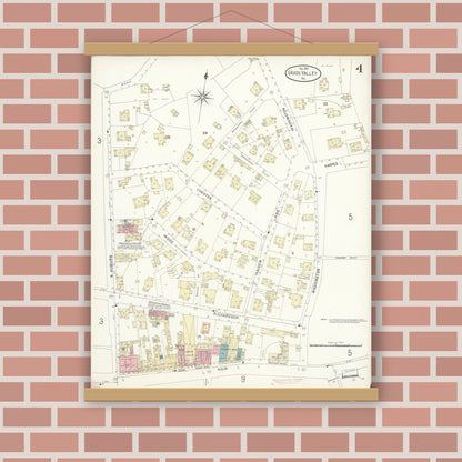 Old map wall art mockup — magnetic wood frame on brick wall — Sanborn Fire Insurance Map from Grass Valley, Nevada County, California (1898), Sheet #0004