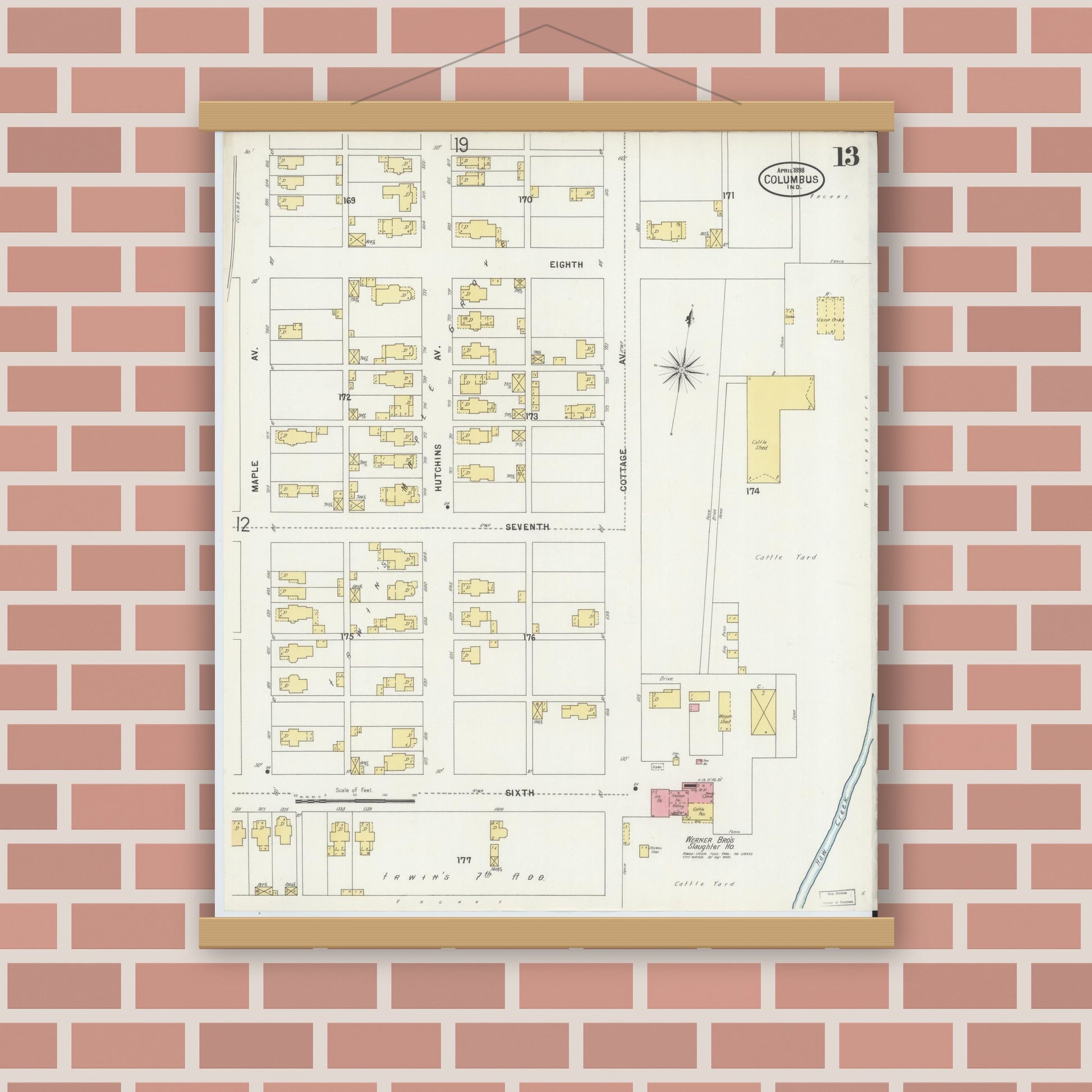 Old map wall art mockup — magnetic wood frame on brick wall — Sanborn Fire Insurance Map from Columbus, Bartholomew County, Indiana (1898), Sheet #0013