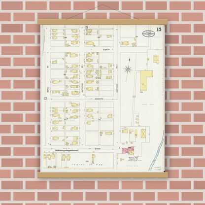 Old map wall art mockup — magnetic wood frame on brick wall — Sanborn Fire Insurance Map from Columbus, Bartholomew County, Indiana (1898), Sheet #0013