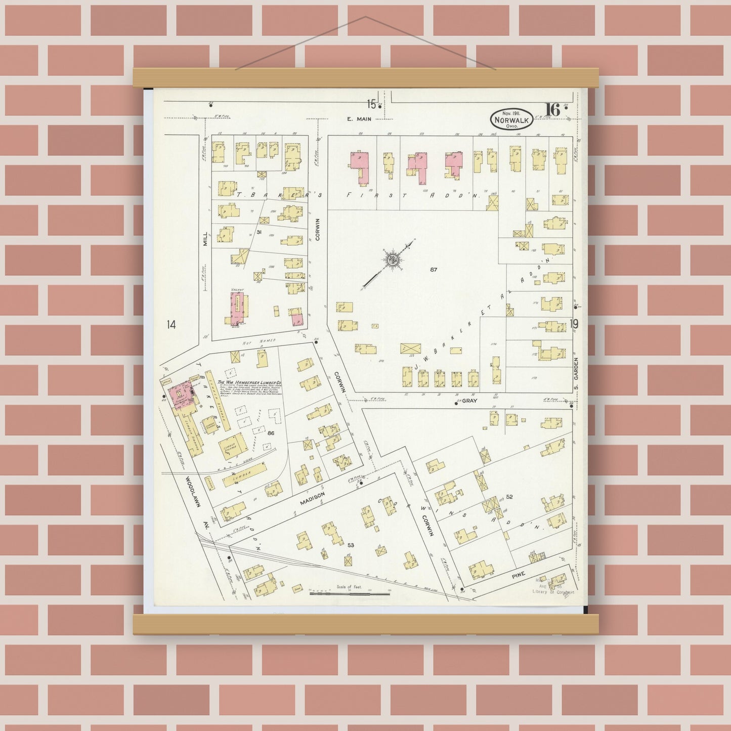 Old map wall art mockup — magnetic wood frame on brick wall — Sanborn Fire Insurance Map from Norwalk, Huron County, Ohio (1911), Sheet #0016
