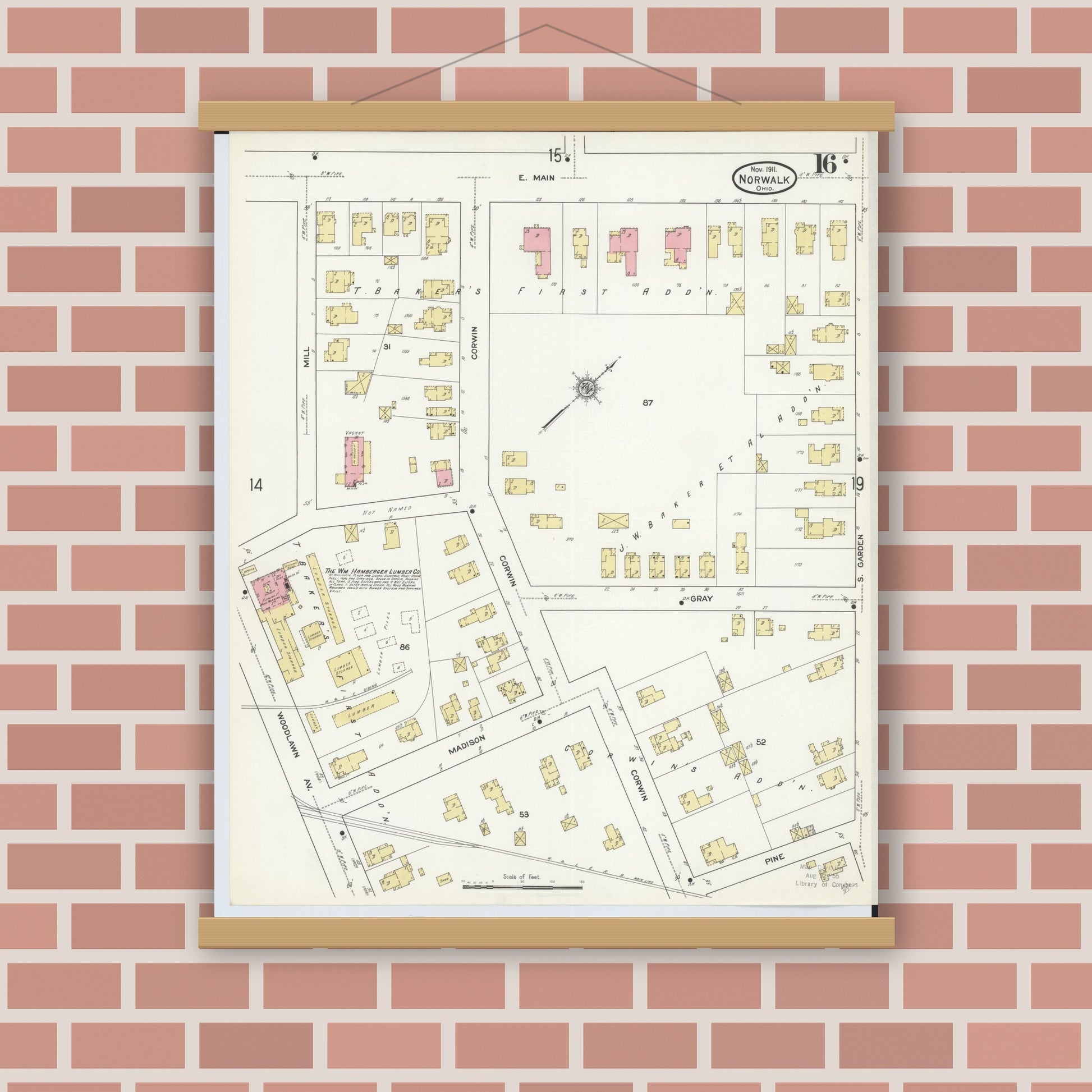Old map wall art mockup — magnetic wood frame on brick wall — Sanborn Fire Insurance Map from Norwalk, Huron County, Ohio (1911), Sheet #0016