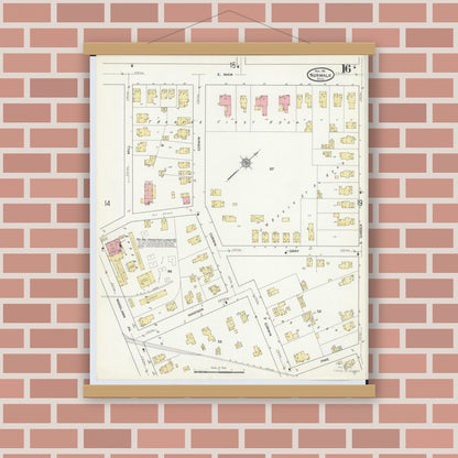 Old map wall art mockup — magnetic wood frame on brick wall — Sanborn Fire Insurance Map from Norwalk, Huron County, Ohio (1911), Sheet #0016