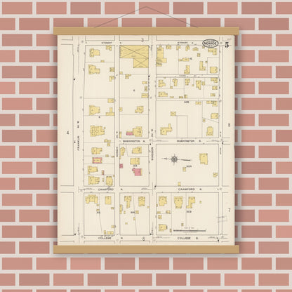 Old map wall art mockup — magnetic wood frame on brick wall — Sanborn Fire Insurance Map from Monroe, Union County, North Carolina (1922), Sheet #0005