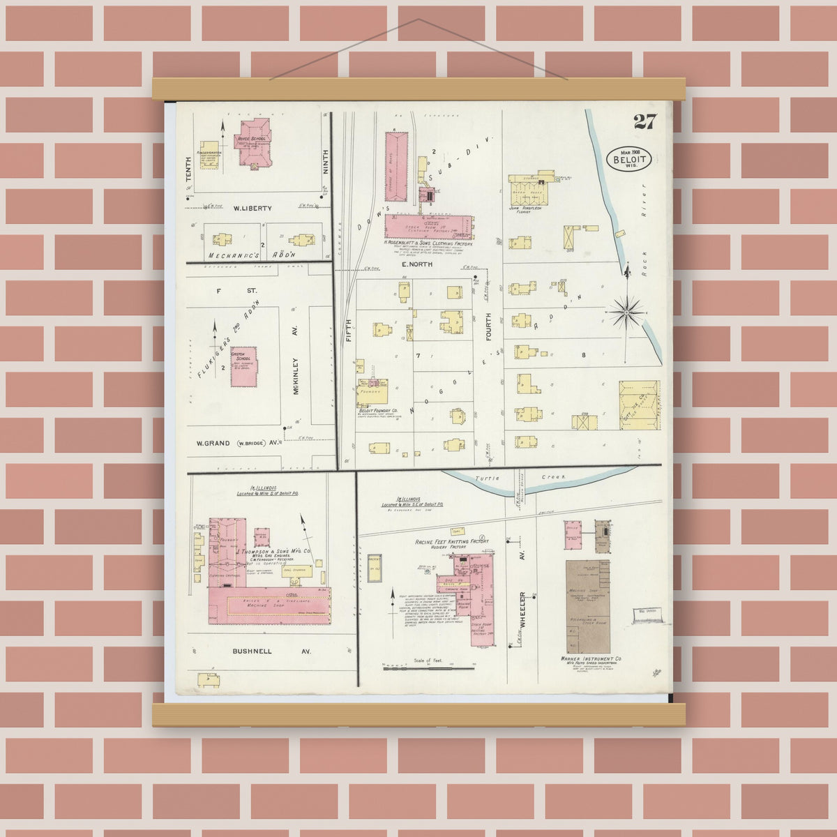 Old map wall art mockup — magnetic wood frame on brick wall — Sanborn Fire Insurance Map from Beloit, Rock County, Wisconsin (1908), Sheet #0027