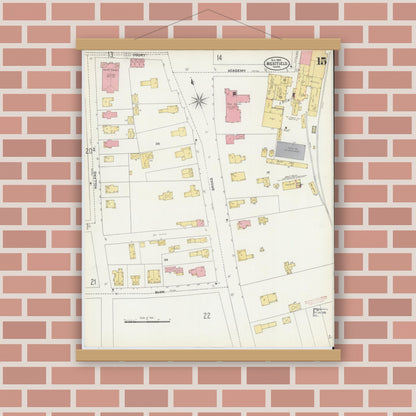 Old map wall art mockup — magnetic wood frame on brick wall — Sanborn Fire Insurance Map from Westfield, Hampden County, Massachusetts (1905), Sheet #0015