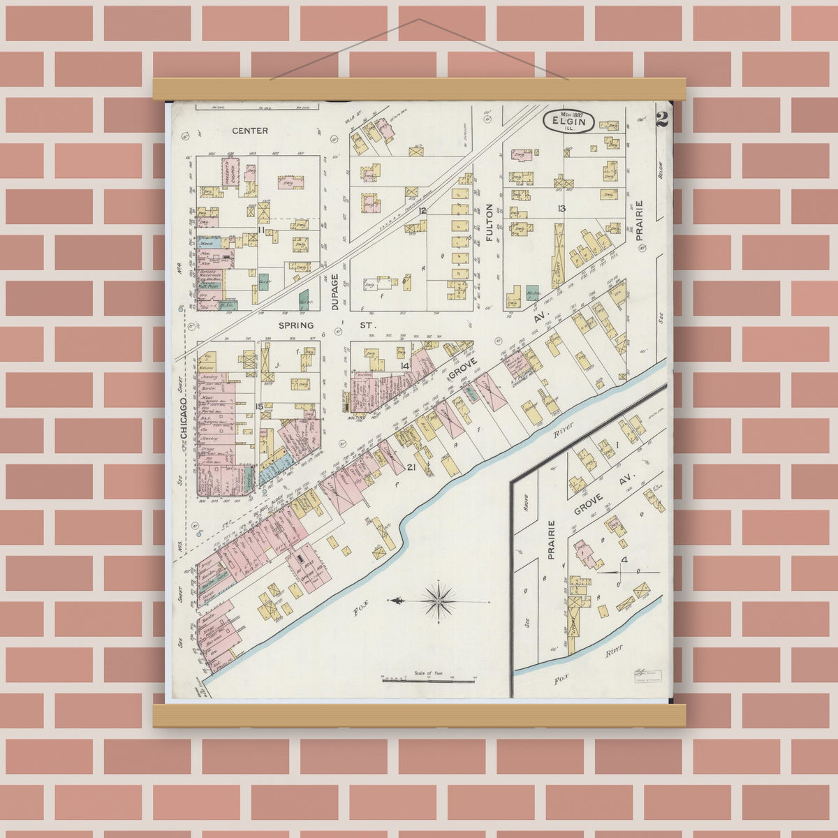 Old map wall art mockup — magnetic wood frame on brick wall — Sanborn Fire Insurance Map from Elgin, Kane County, Illinois (1887), Sheet #0002