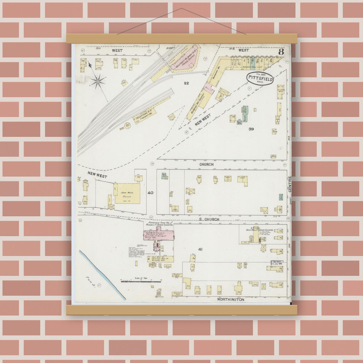 Old map wall art mockup — magnetic wood frame on brick wall — Sanborn Fire Insurance Map from Pittsfield, Berkshire County, Massachusetts (1889), Sheet #0008