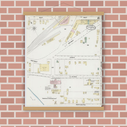 Old map wall art mockup — magnetic wood frame on brick wall — Sanborn Fire Insurance Map from Pittsfield, Berkshire County, Massachusetts (1889), Sheet #0008
