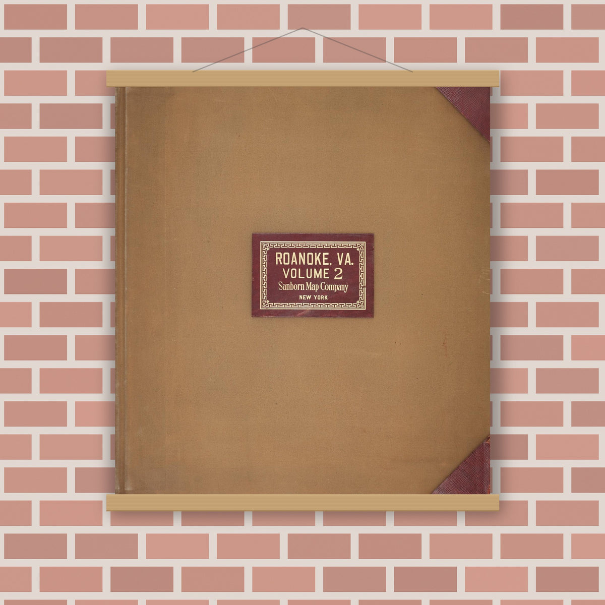 Old map wall art mockup — magnetic wood frame on brick wall — Sanborn Fire Insurance Map from Roanoke, Independent Cities, Virginia (1949), Sheet #0001