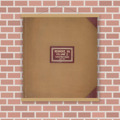 Old map wall art mockup — magnetic wood frame on brick wall — Sanborn Fire Insurance Map from Roanoke, Independent Cities, Virginia (1949), Sheet #0001