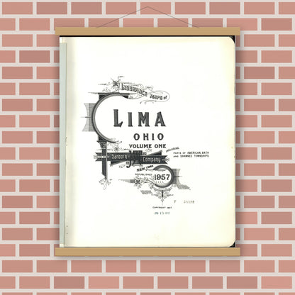 Old map wall art mockup — magnetic wood frame on brick wall — Sanborn Fire Insurance Map from Lima, Allen County, Ohio (1957), Sheet #0001