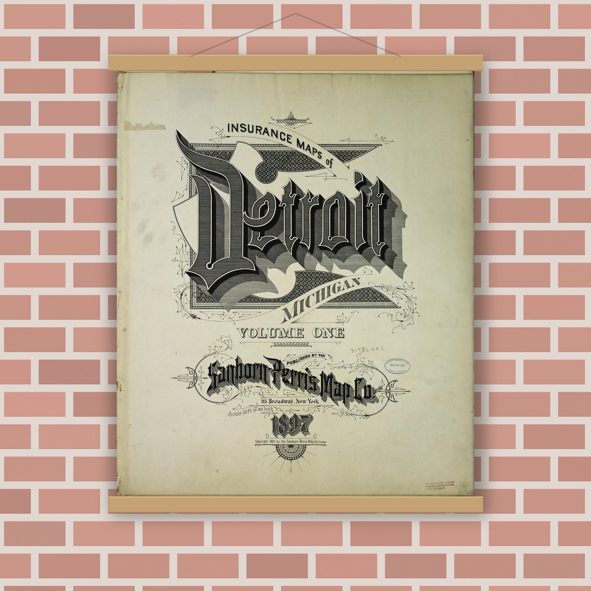 Old map wall art mockup — magnetic wood frame on brick wall — Sanborn Fire Insurance Map from Detroit, Wayne County, Michigan (1897), Sheet #0001