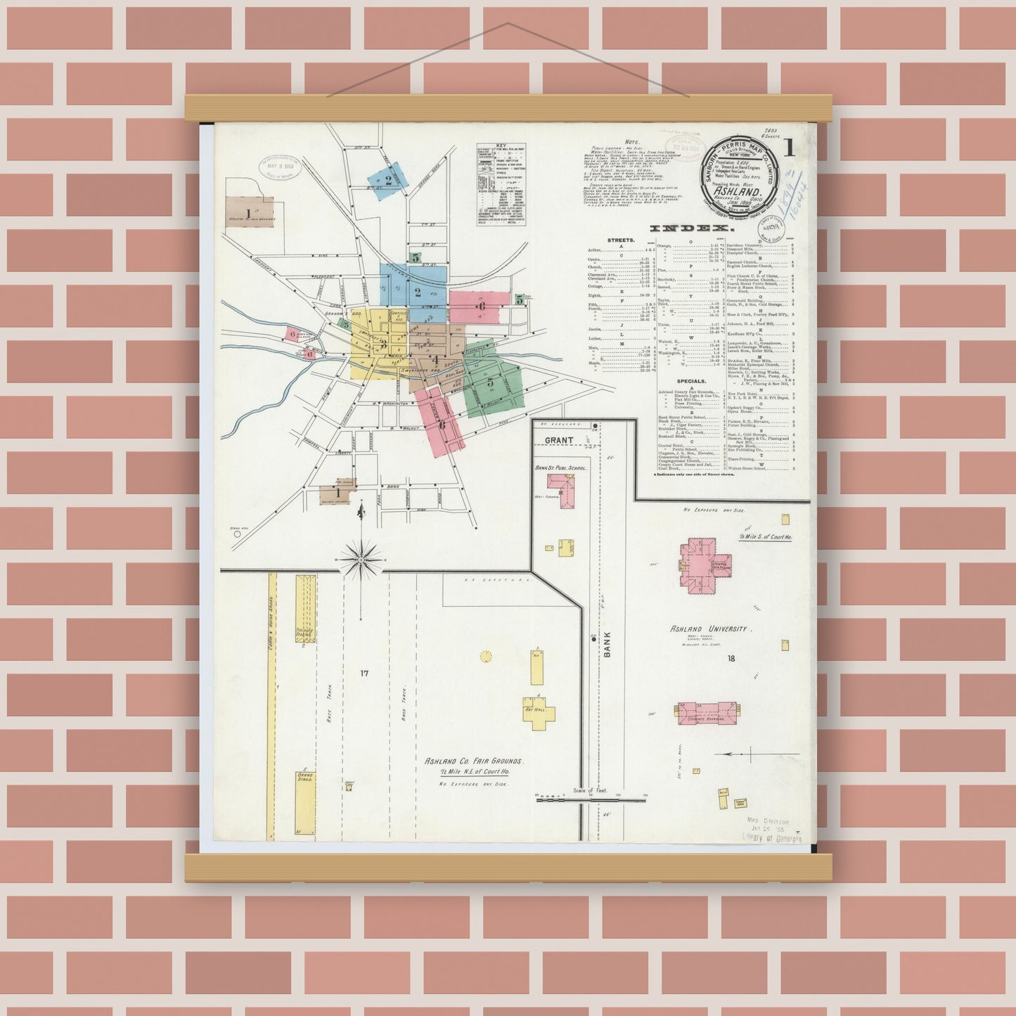 Old map wall art mockup — magnetic wood frame on brick wall — Sanborn Fire Insurance Map from Ashland, Ashland County, Ohio (1899) - Complete Map Set