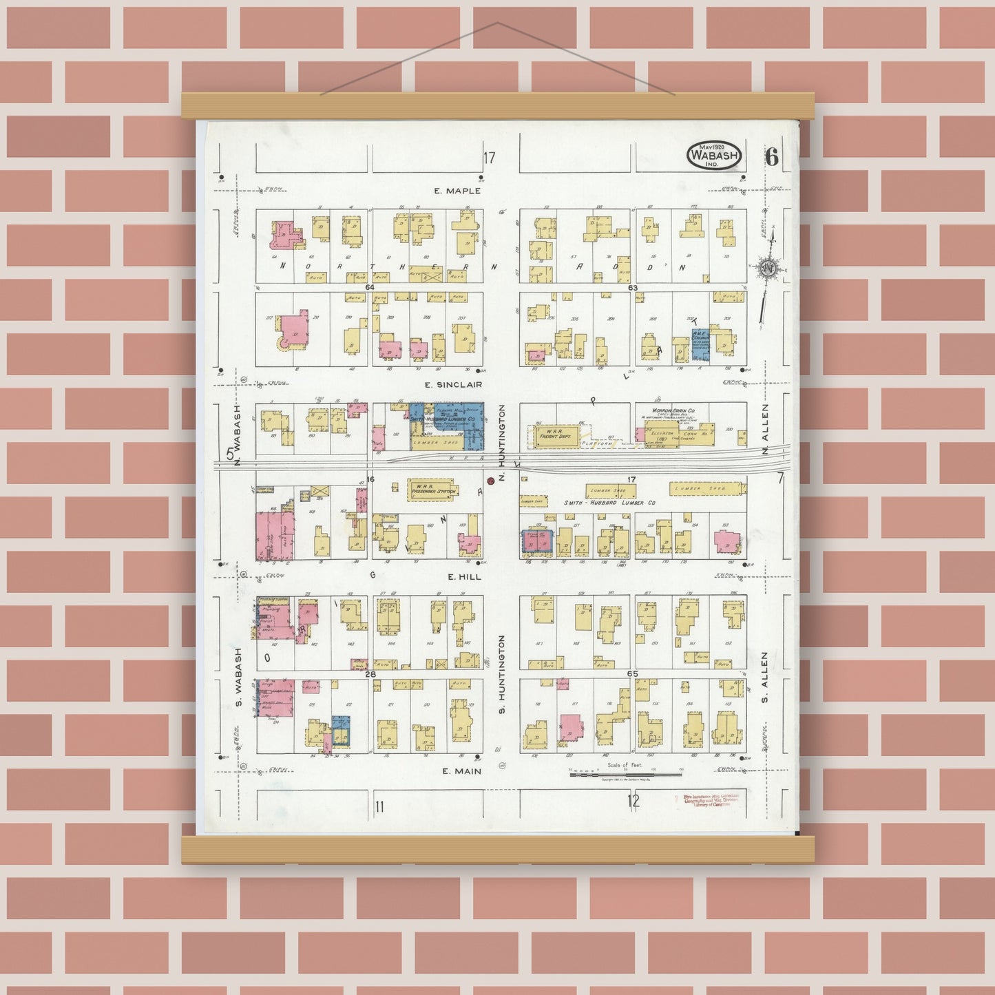 Old map wall art mockup — magnetic wood frame on brick wall — Sanborn Fire Insurance Map from Wabash, Wabash County, Indiana (1920), Sheet #0006