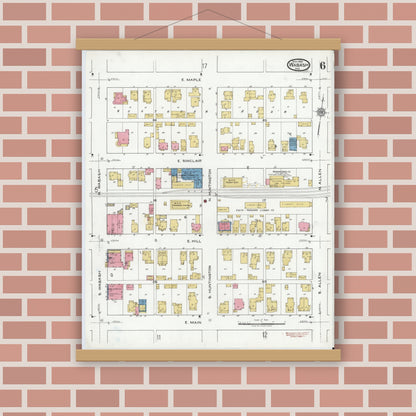 Old map wall art mockup — magnetic wood frame on brick wall — Sanborn Fire Insurance Map from Wabash, Wabash County, Indiana (1920), Sheet #0006
